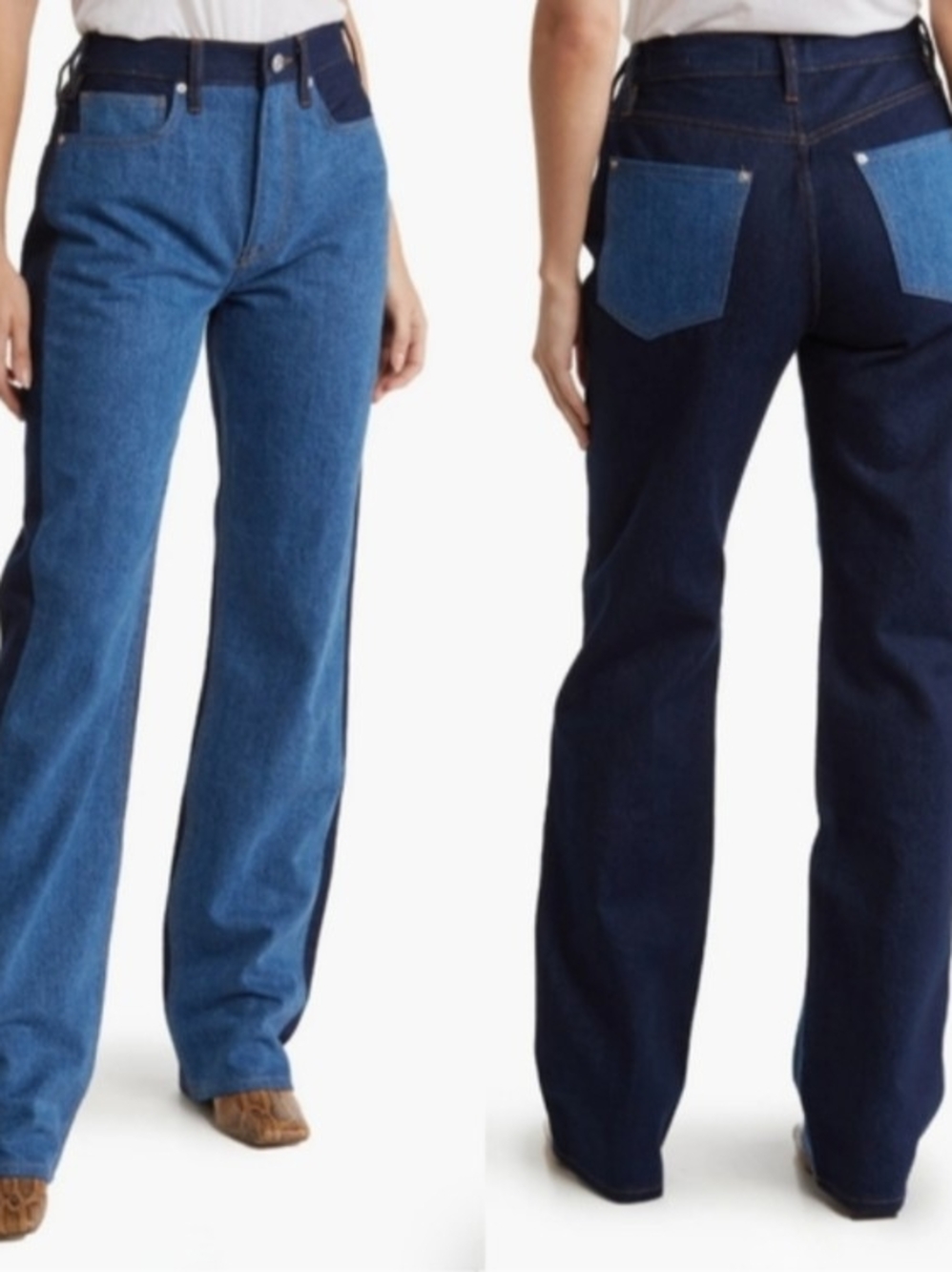 Frame Denim Two-Tone Blue High-Rise Flare Jeans